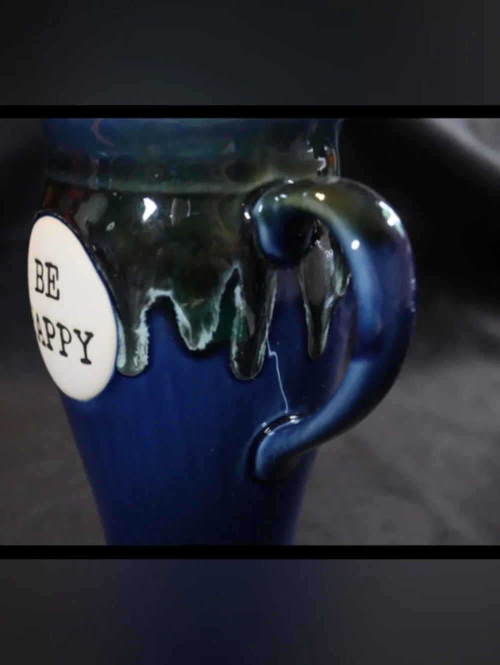 Boston Warehouse Trading Co Be Happy Large Tapered Blue Kobalt Drip Glazed Mug